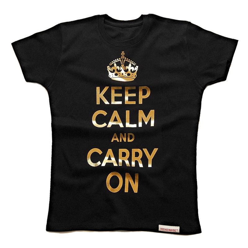 Front view of Keep Calm and Carry On Women's Fitted T (Gold on Black)