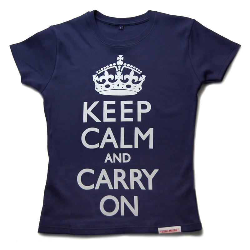 Front view of Keep Calm and Carry On Women's Fitted T (White on Navy)