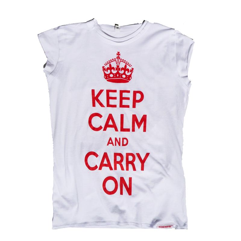 Front view of Keep Calm and Carry On Women's Raw Cut T (Red on White)