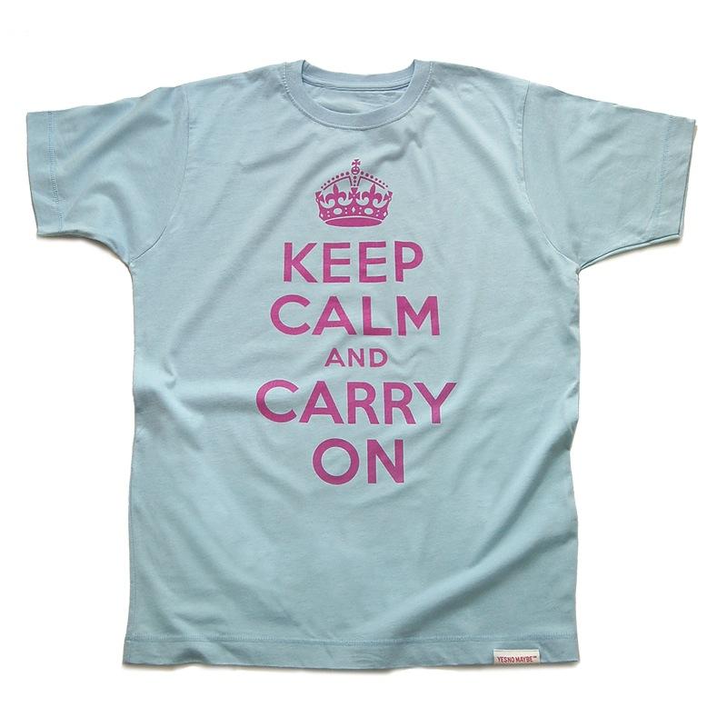 Front view of Keep Calm and Carry On Men's T-Shirt (Pink on Baby Blue)