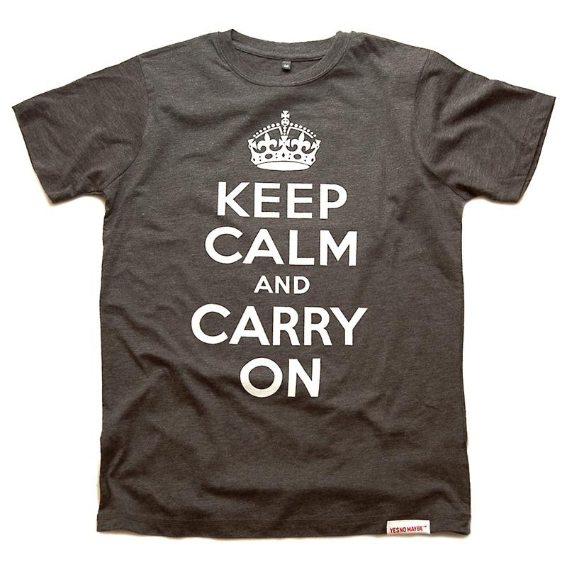 Front view of Keep Calm and Carry On Men's T-Shirt (White on Charcoal)