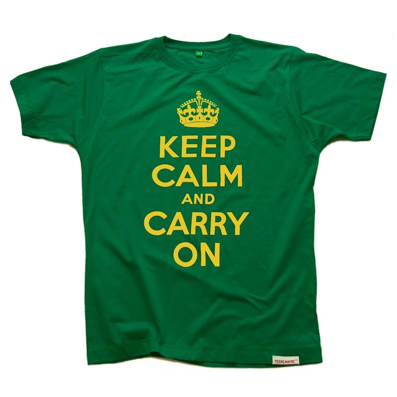 Front view of Keep Calm and Carry On Men's T-Shirt (Yellow on Green)