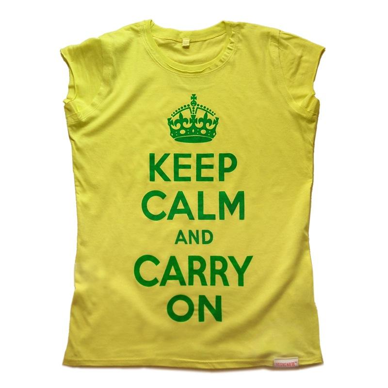 Front view of Keep Calm and Carry On Women's Raw Cut T (Green on Lemon)