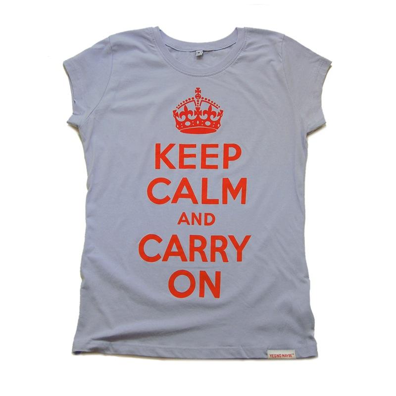 Front view of Keep Calm and Carry On Women's Raw Cut T (Red on Powder Blue)