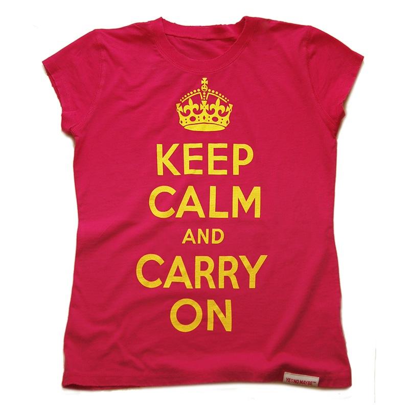 Front view of Keep Calm and Carry On Women's Raw Cut T (Yellow on Pink)