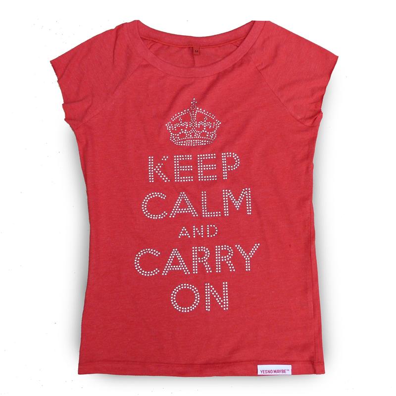 Front view of Keep Calm and Carry On Women's T-Shirt (Silver on Red)
