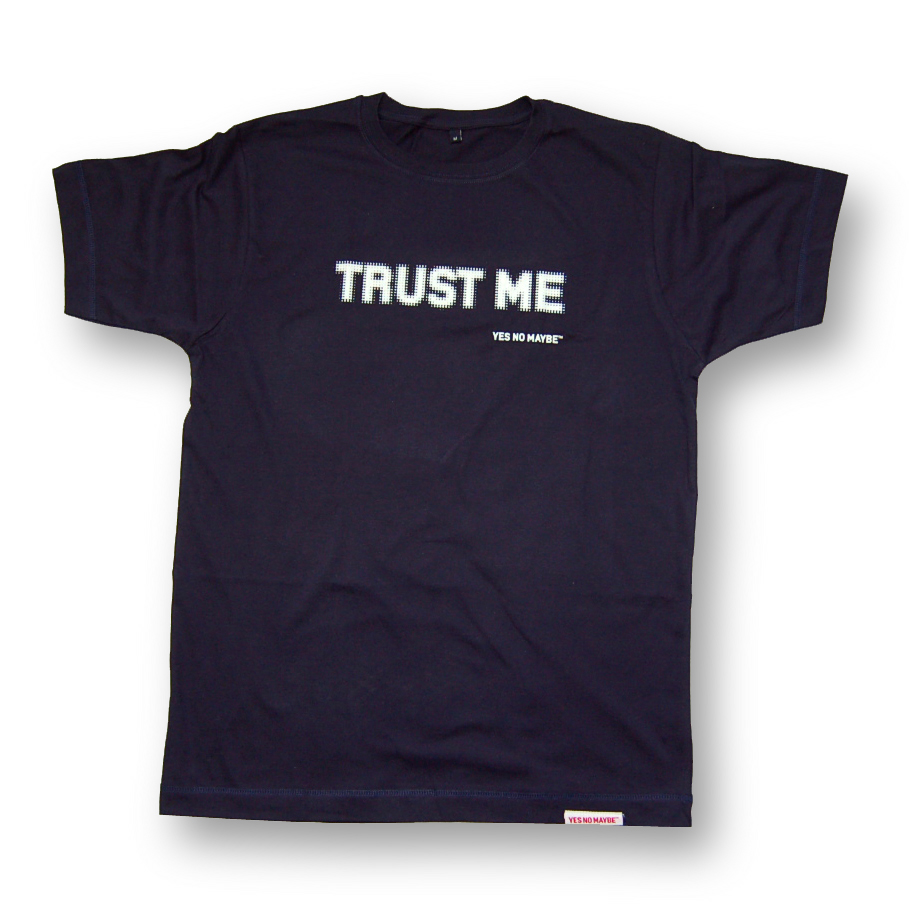 Front pic of 'Trust Me' Men's T-Shirt, White on Navy
